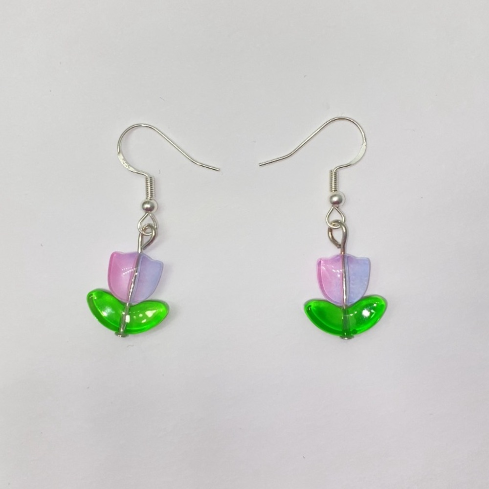 Blue and Pink Glass Tulip Earrings 🌷💙🩷